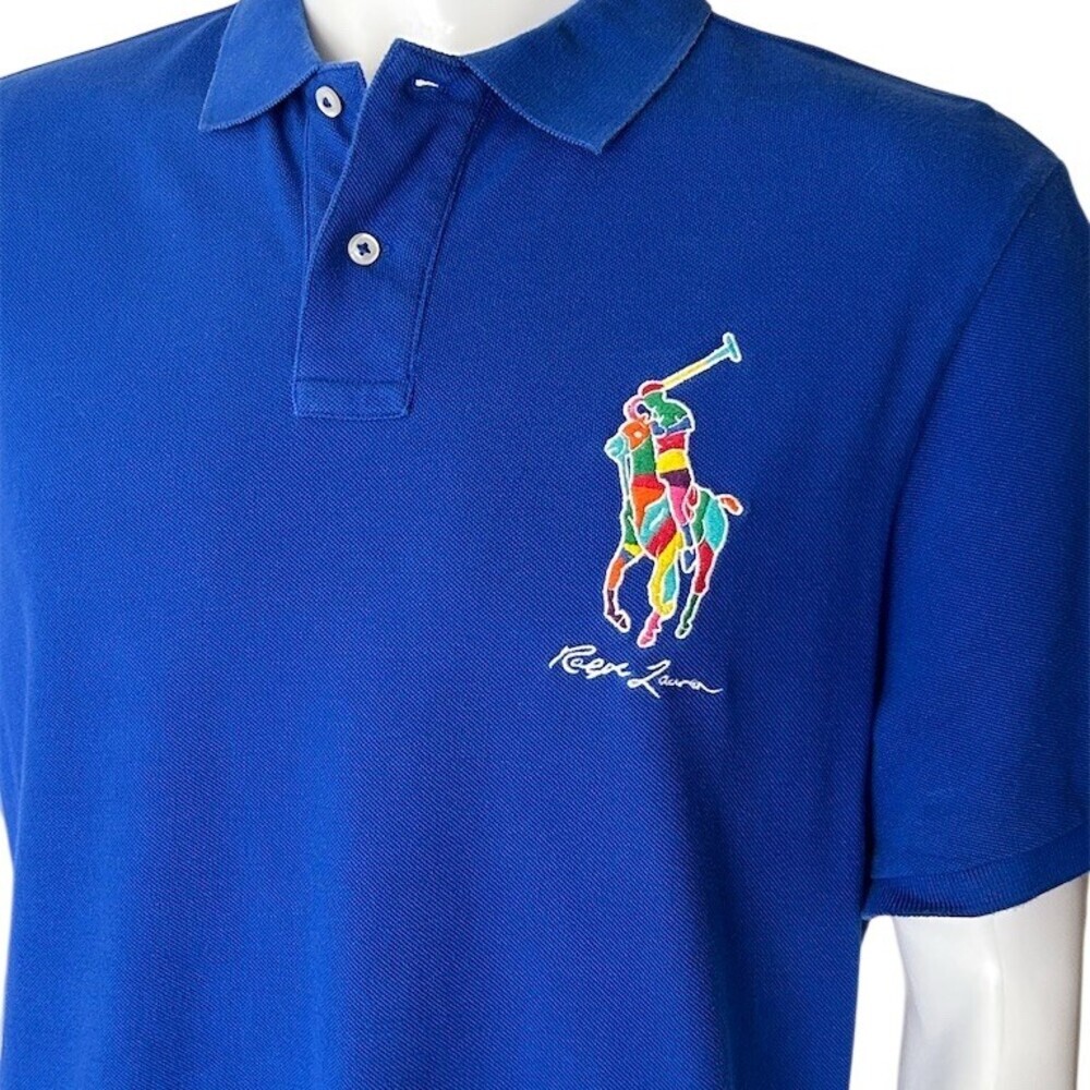 Polo Ralph Lauren Polo Shirt Mens L Royal Blue Multicolor Big Pony Logo - Picture 7 of 10